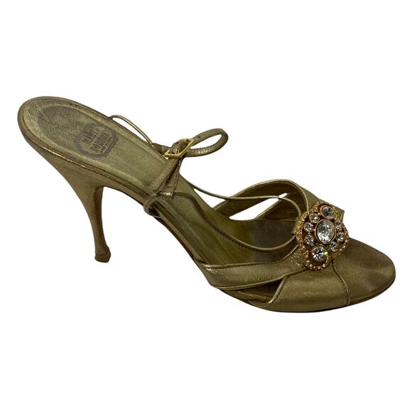 Mary Norton Italian Heels Gold Leather Rhinestone‎ Crystal Slingback Sandal Sz 6 - Picture 3 of 6